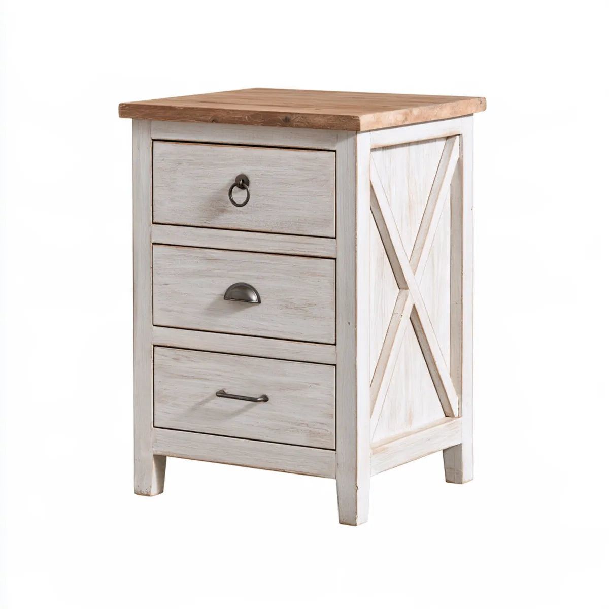 3-Drawer Solid Pine Wood Storage Cabinet, 24 x 16 x 30 in, Whitewashed White and Natural Brown