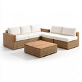 Outdoor PE Rattan L-Shaped Sectional Sofa Set with Acacia Wood Coffee Table, 112 x 86 x 30 in, Natural/White