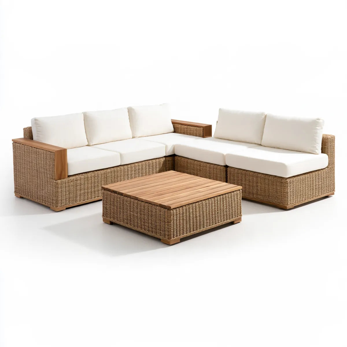 Outdoor PE Rattan L-Shaped Sectional Sofa Set with Acacia Wood Coffee Table, 112 x 86 x 30 in, Natural/White