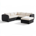 5-Seat L-Shaped Outdoor Sectional Sofa Set with Ottoman, 94.5 x 70.9 x 25.6 in, Black PE Rattan and Cream Cushions
