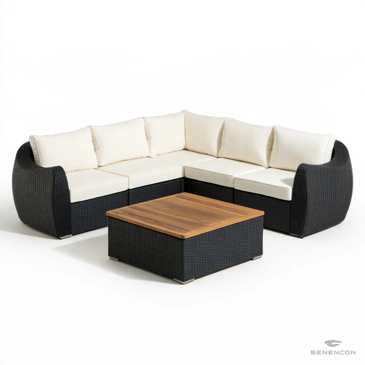 7-Piece Outdoor L-Shaped Sectional Sofa Set with Coffee Table, Black and Cream PE Rattan, 110 x 86 x 32 in