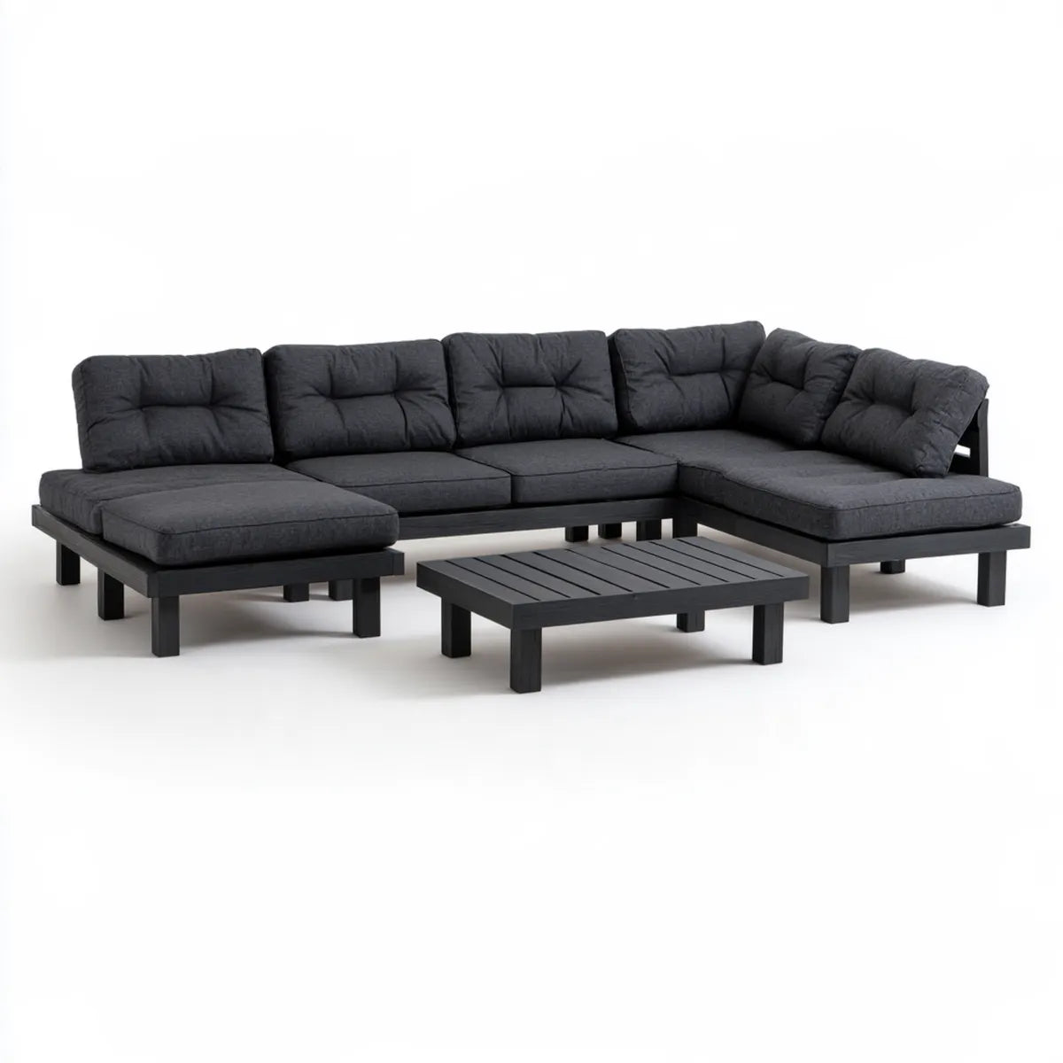 Outdoor Black Solid Acacia Wood L-Shaped Sectional Sofa Set with Coffee Table, 106.3 x 78.7 x 27.6 in