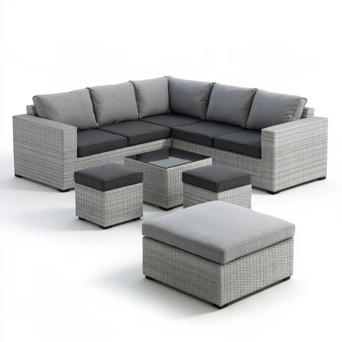 6-Piece Outdoor PE Rattan L-Shaped Sectional Sofa Set with Glass Coffee Table, 86.6 x 86.6 in, Light Gray and Dark Gray
