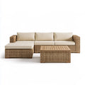 Outdoor Patio 3-Piece Beige PE Rattan Sectional Sofa Set with Acacia Wood Coffee Table, 244 x 152 cm