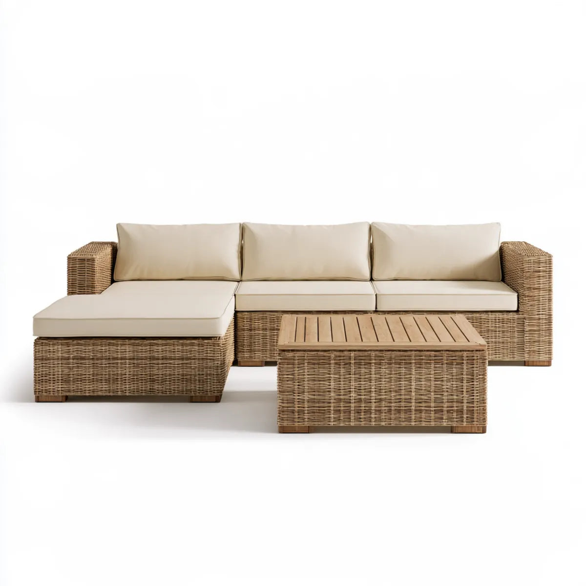 Outdoor Patio 3-Piece Beige PE Rattan Sectional Sofa Set with Acacia Wood Coffee Table, 244 x 152 cm