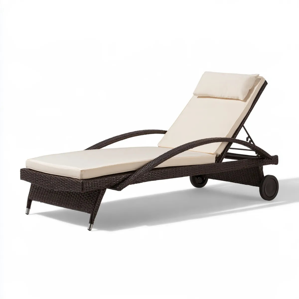 Adjustable Wheeled Sun Lounger, 200 x 65 x 35 cm, Brown PE Rattan with Cream Polyester Cushions