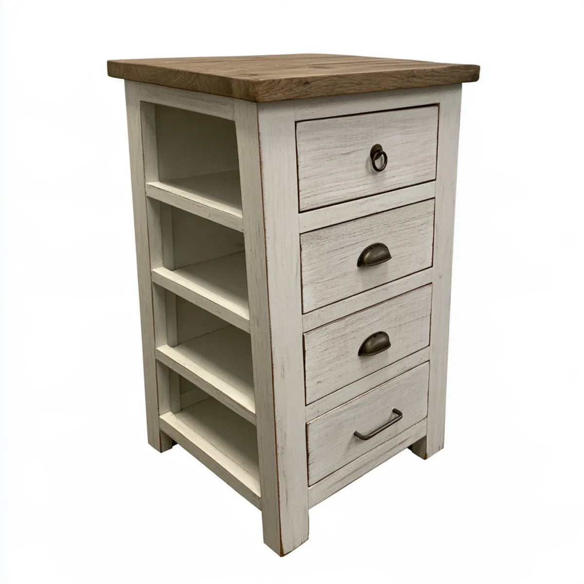 4-Drawer Solid Pine Wood Storage Chest with Side Shelves, White and Natural, 20 x 16 x 30 in