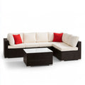 4-Piece Outdoor L-Shaped PE Rattan Sectional Sofa Set with Glass Coffee Table, Dark Brown/White/Red, 79 x 79 x 30 in