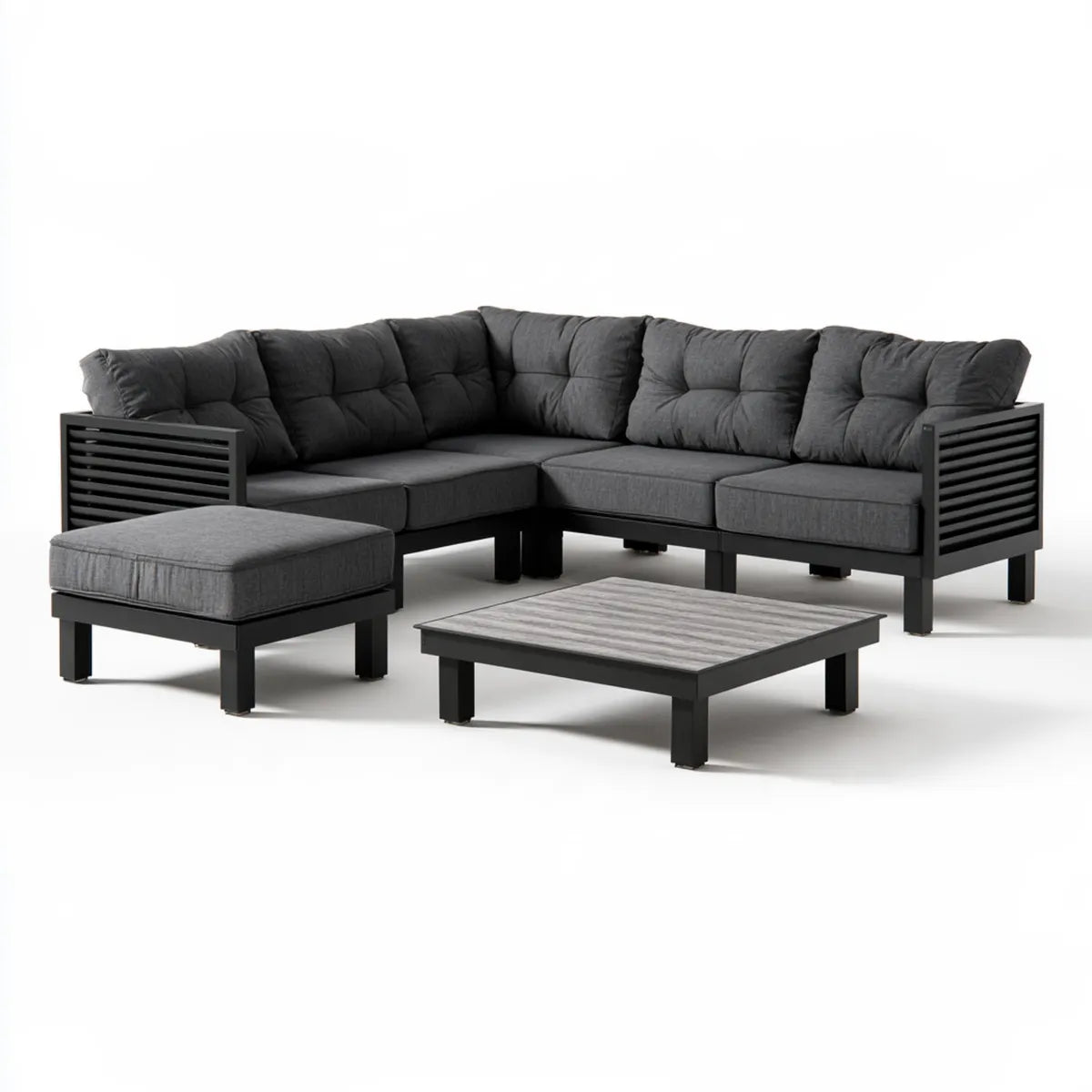 102-Inch L-Shaped Outdoor Sectional Sofa Set with Ottoman and Coffee Table, Black Aluminum and Dark Gray Polyester